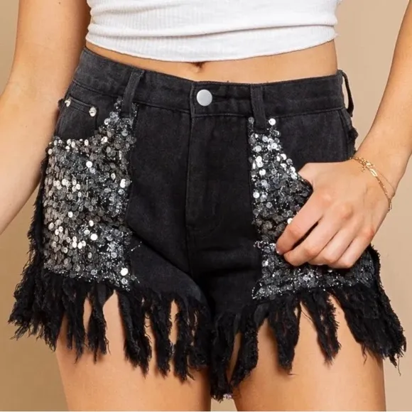 POL- Black Sequin Fringe Women's Shorts
