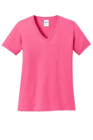 Port & Company Women's Core Cotton V-Neck Tee. LPC54V Neon Pink