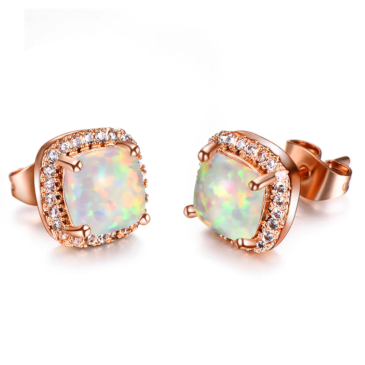 Princess Opal & 18K Rose Gold-Plated Halo Stud Earrings