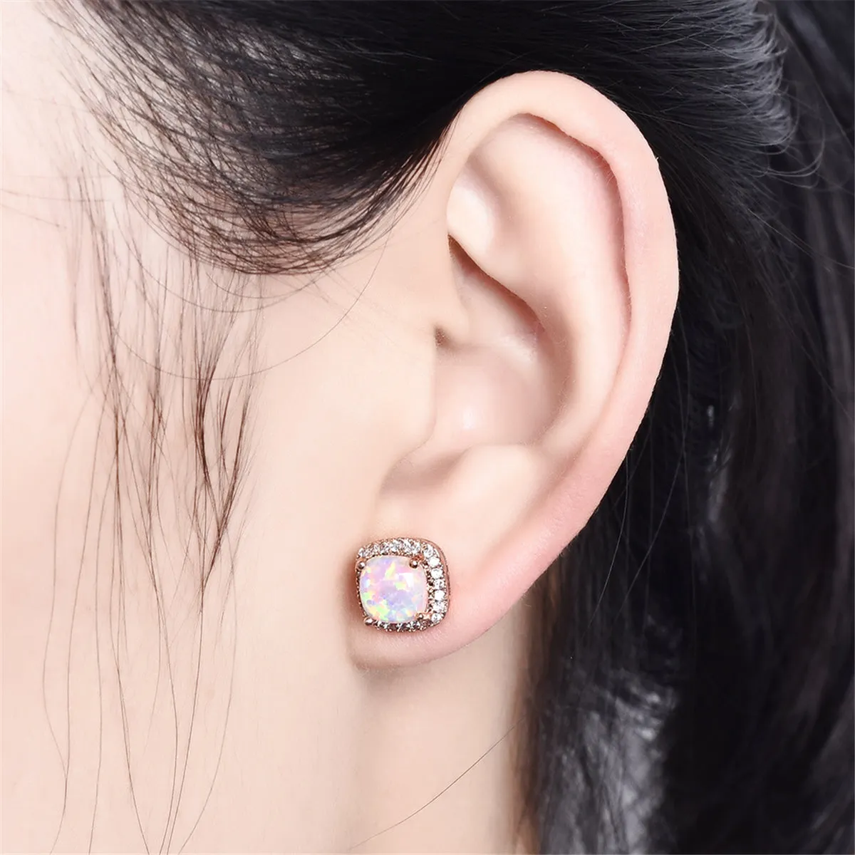Princess Opal & 18K Rose Gold-Plated Halo Stud Earrings