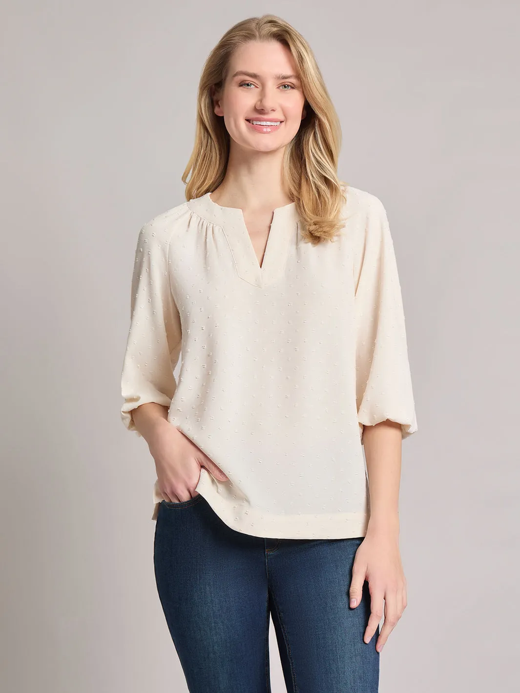 Print V-Neck Pleated Kelly Blouse, Jacquard