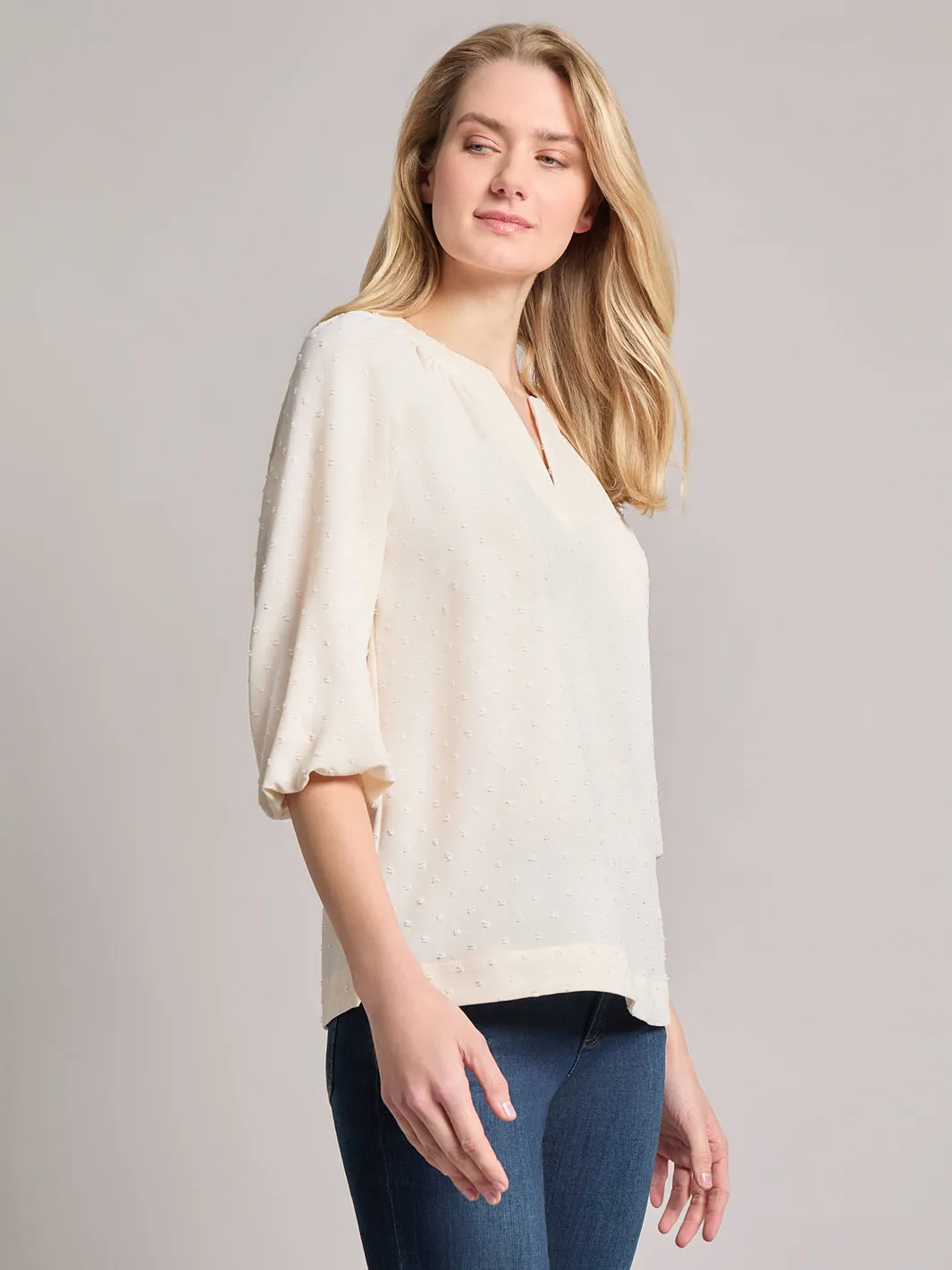 Print V-Neck Pleated Kelly Blouse, Jacquard