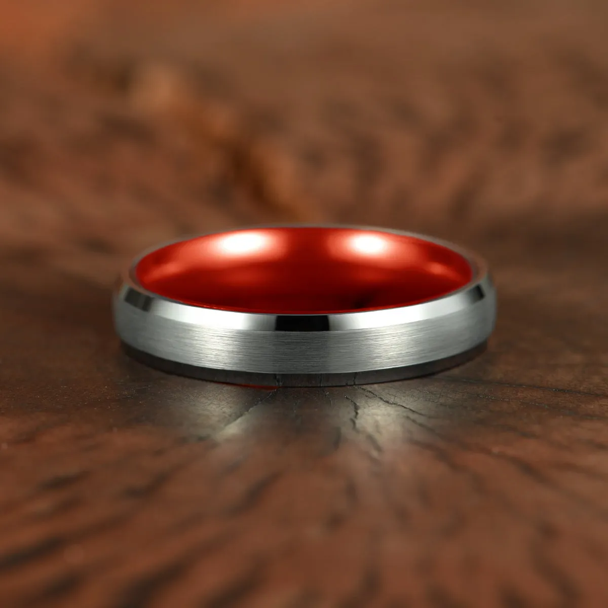 Pristine Passion Red Interior Silver Tungsten Wedding Band 6MM