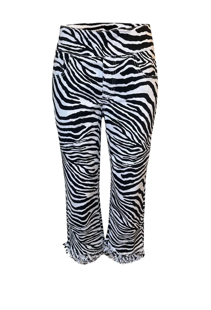 Pull On Zebra Print Jeans w/ Frayed Hem