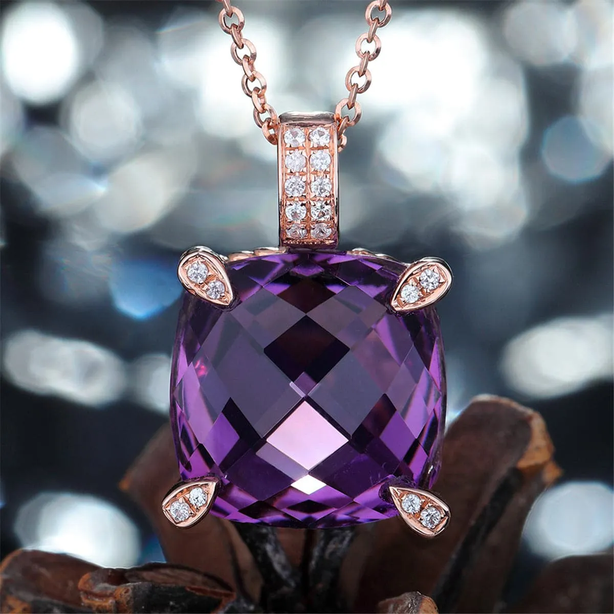 Purple Crystal & Cubic Zirconia Cushion Pendant Necklace
