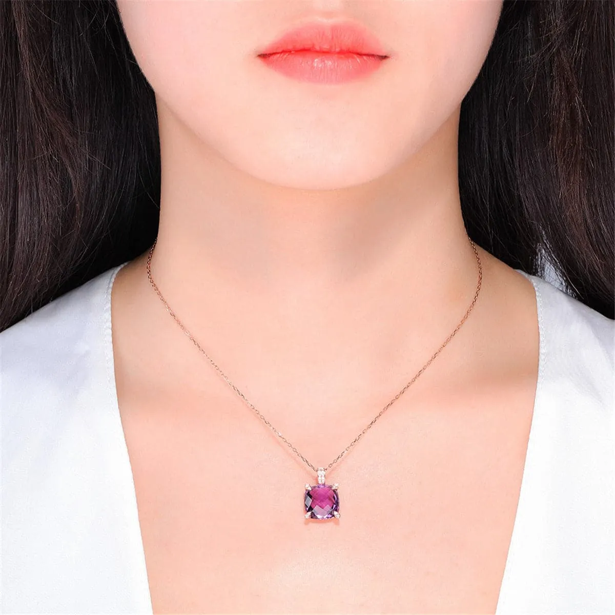 Purple Crystal & Cubic Zirconia Cushion Pendant Necklace