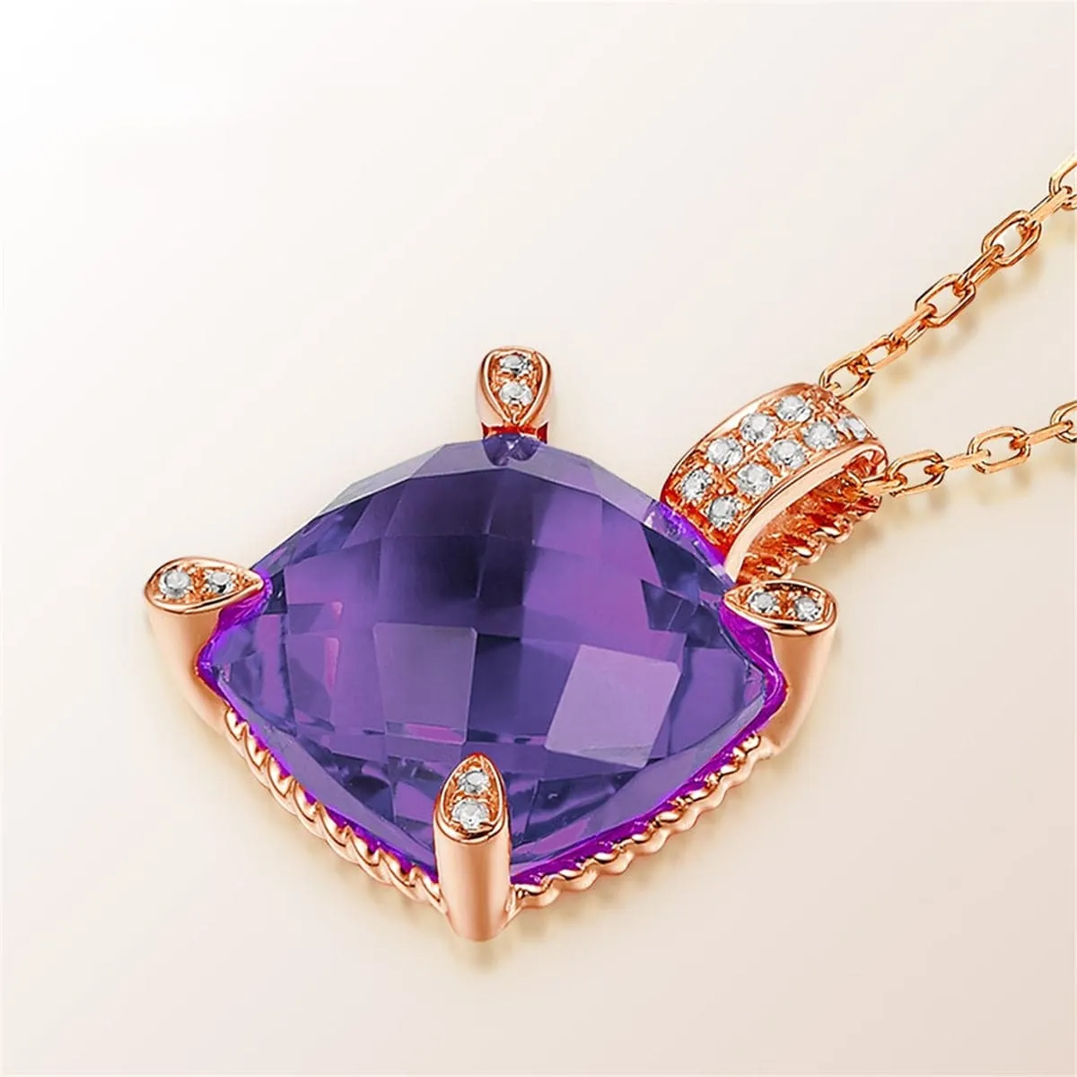 Purple Crystal & Cubic Zirconia Cushion Pendant Necklace