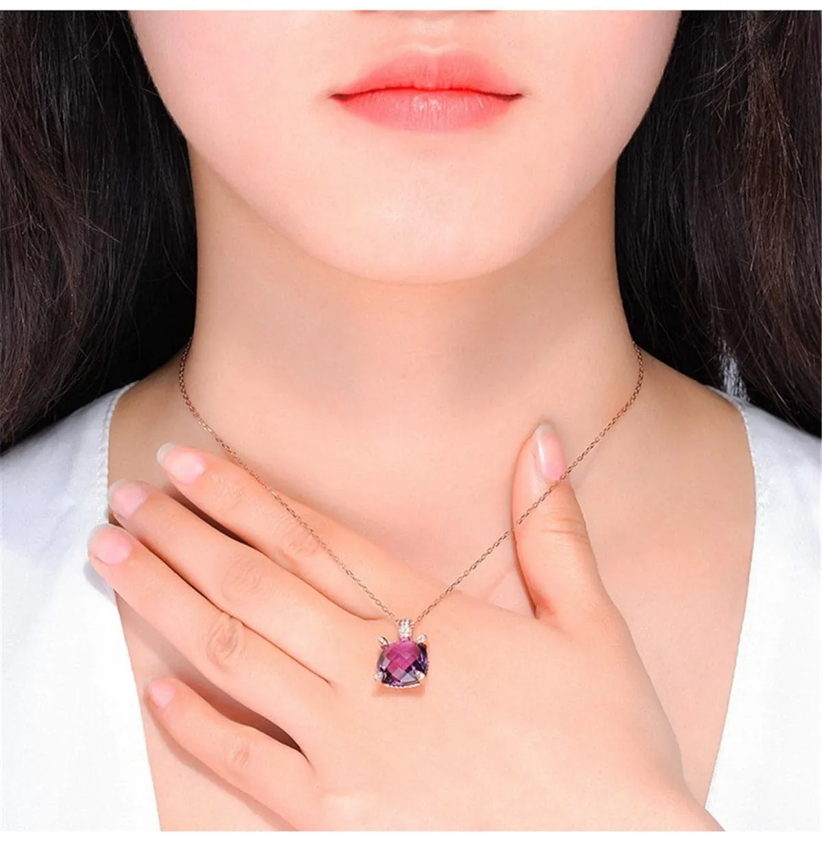 Purple Crystal & Cubic Zirconia Cushion Pendant Necklace