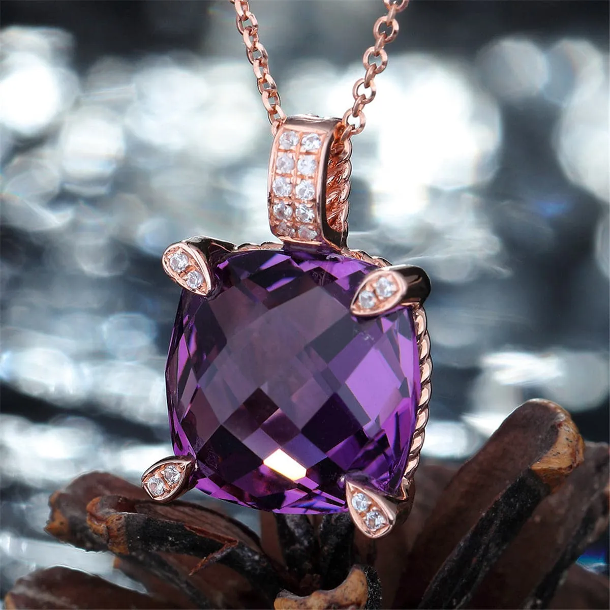Purple Crystal & Cubic Zirconia Cushion Pendant Necklace