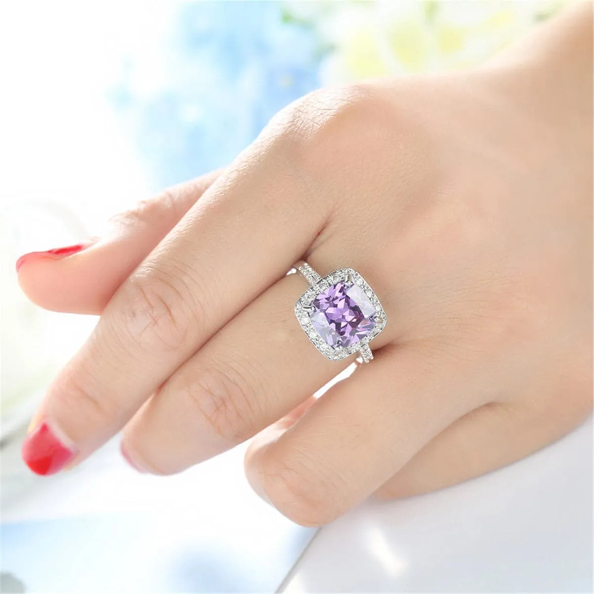 Purple Crystal & Cubic Zirconia Halo Princess-Cut Ring