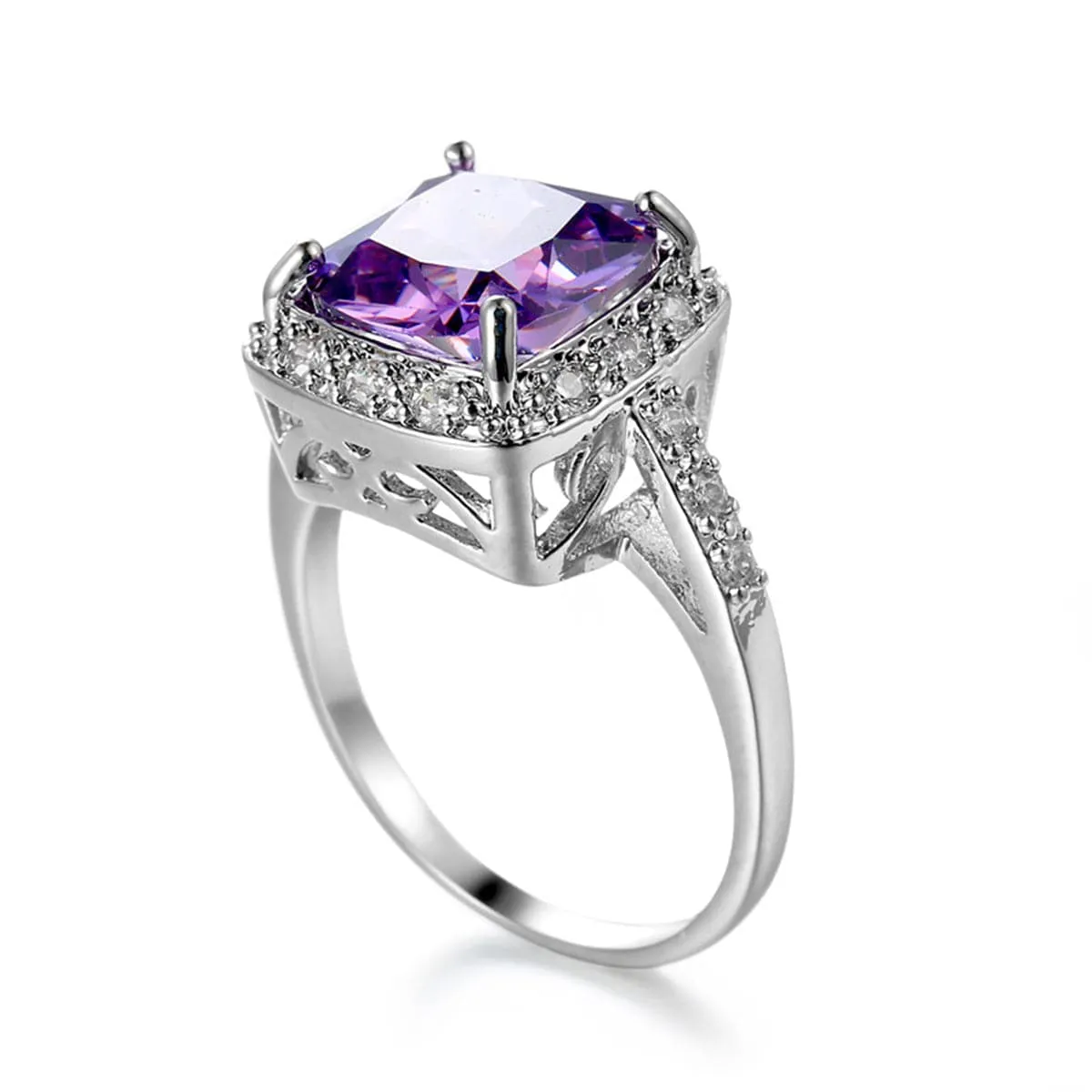 Purple Crystal & Cubic Zirconia Halo Princess-Cut Ring