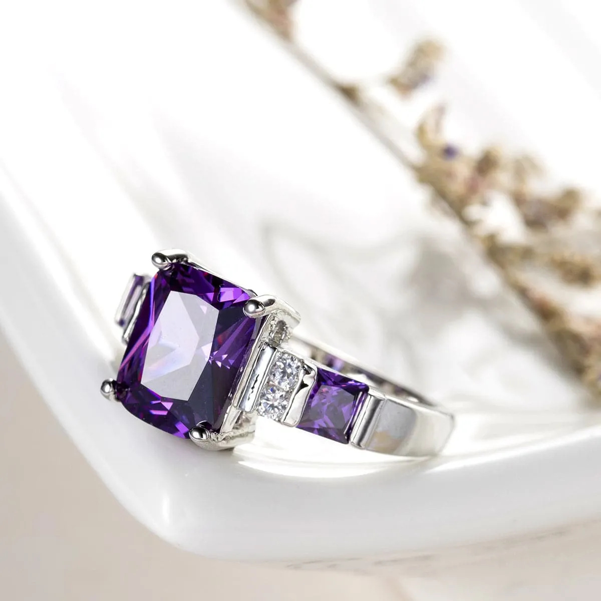 Purple Crystal & Cubic Zirconia Princess-Cut Ring