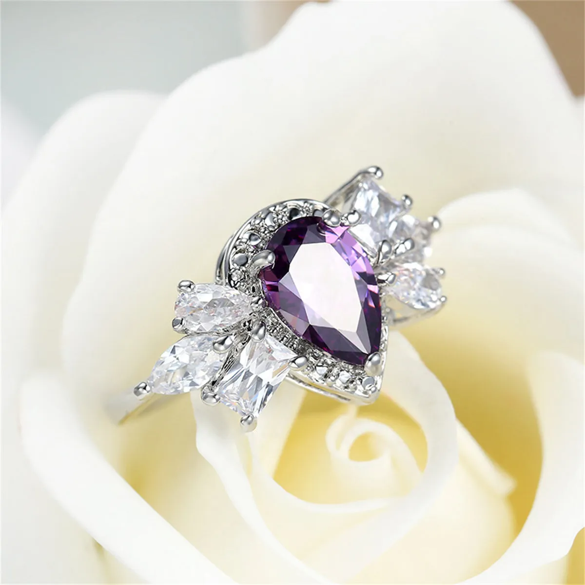 Purple Crystal & Silver-Plated Pear-Cut Ring