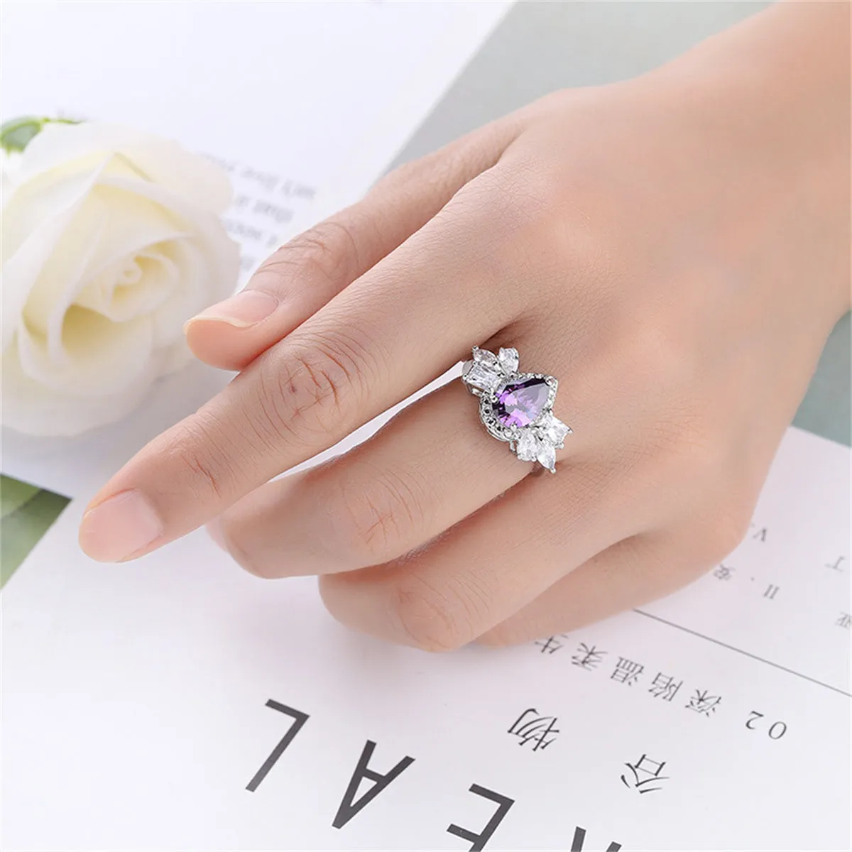 Purple Crystal & Silver-Plated Pear-Cut Ring