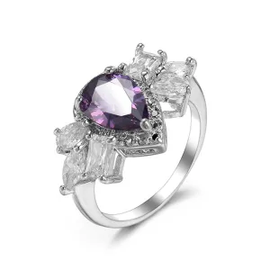Purple Crystal & Silver-Plated Pear-Cut Ring