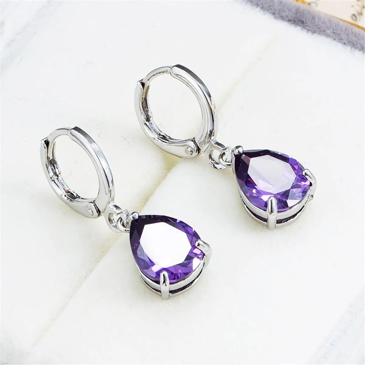 Purple Crystal & Silver-Plated Teardrop Leverback Earrings