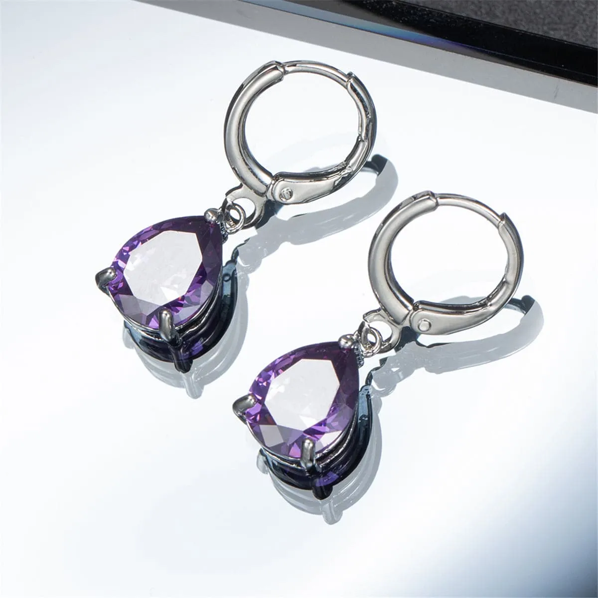Purple Crystal & Silver-Plated Teardrop Leverback Earrings