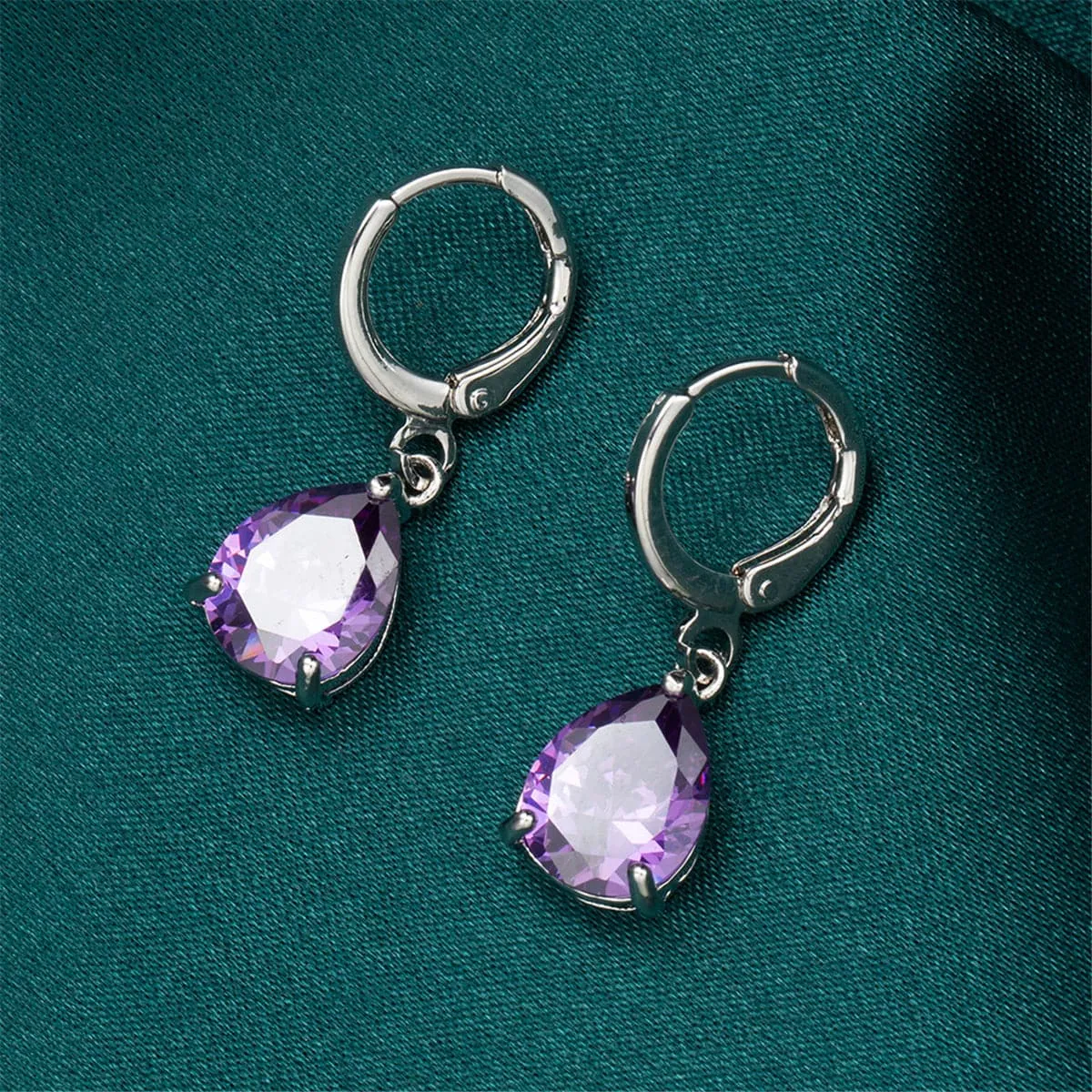 Purple Crystal & Silver-Plated Teardrop Leverback Earrings