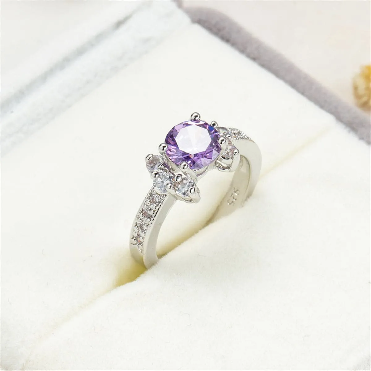 Purple Cubic Zirconia & Crystal Round Cluster-Side Ring