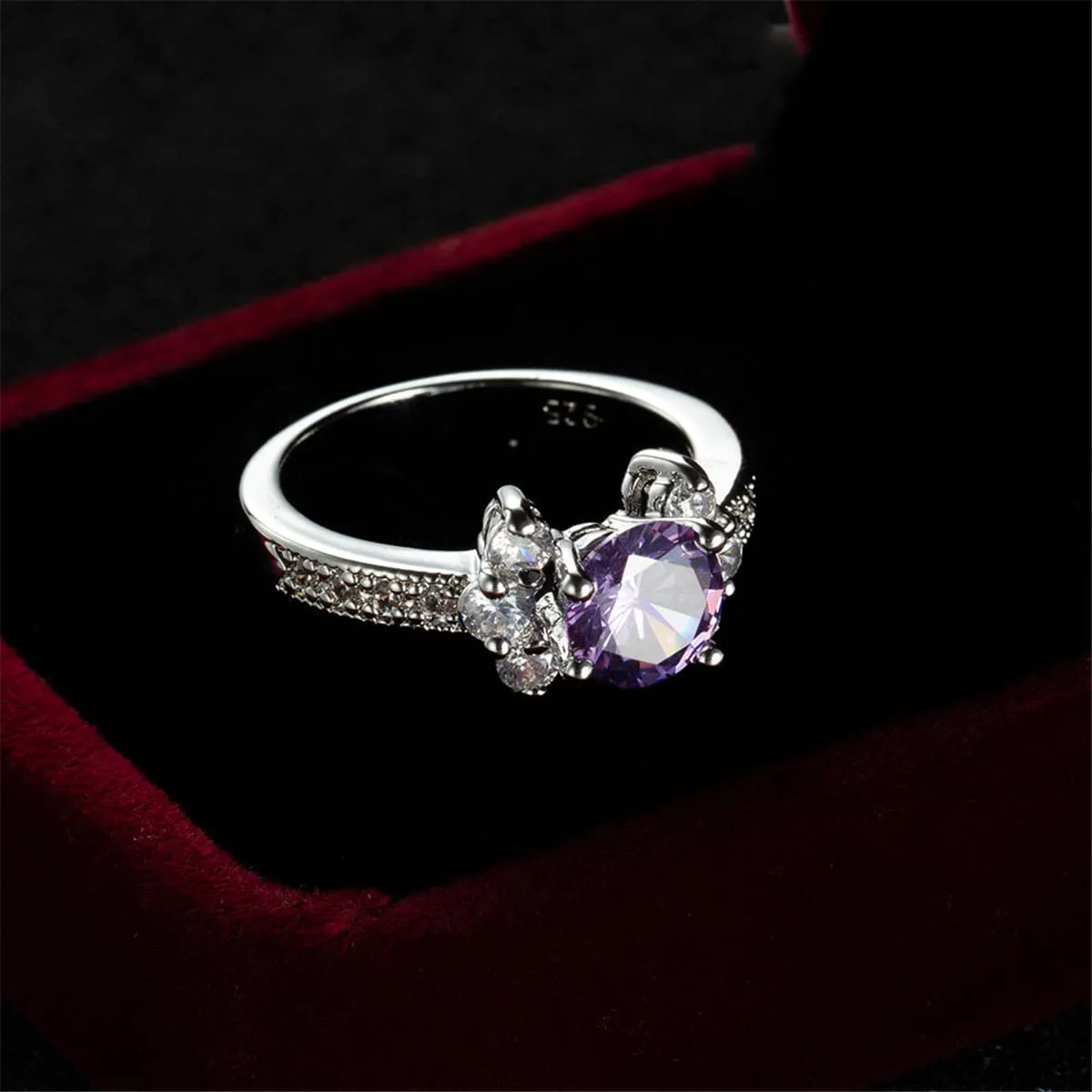 Purple Cubic Zirconia & Crystal Round Cluster-Side Ring