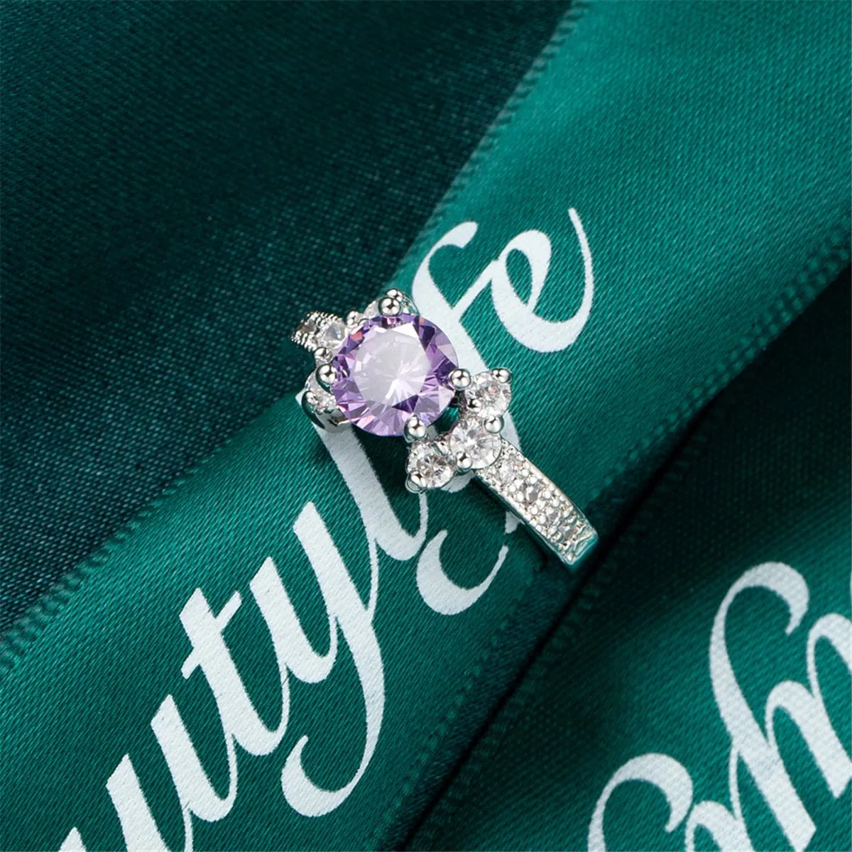 Purple Cubic Zirconia & Crystal Round Cluster-Side Ring