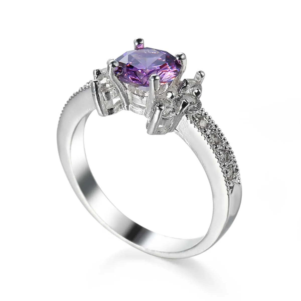 Purple Cubic Zirconia & Crystal Round Cluster-Side Ring