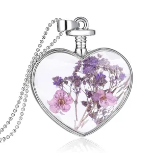 Purple Pressed Peach Blossom & Silver-Plated Heart Pendant Necklace