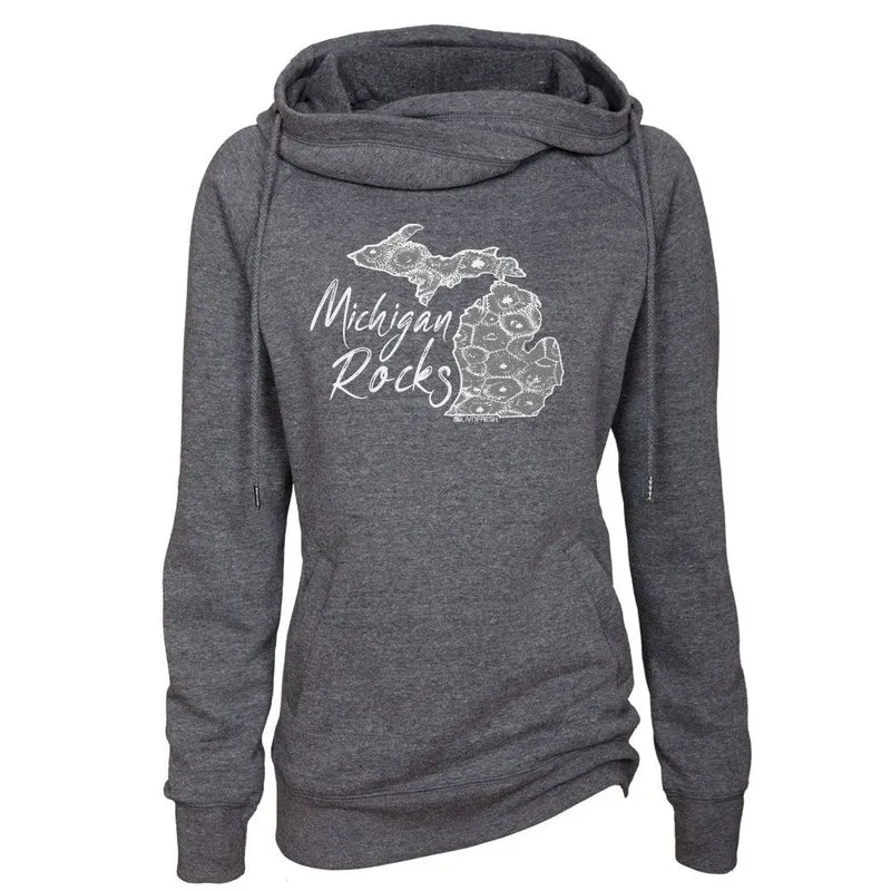 "Michigan Rocks Petoskey Stone" Women's Fleece Funnel Neck Pullover Hoodie