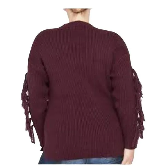 Rachel Rachel Roy Women's Tassel Trim Crew Neck Sweater Burgundy 2X