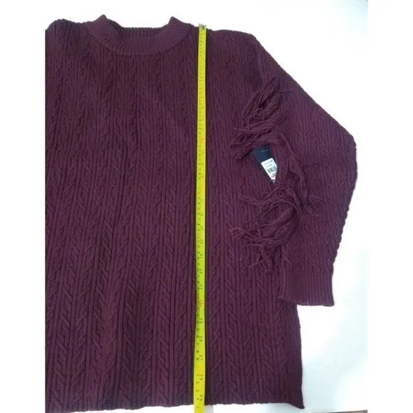 Rachel Rachel Roy Women's Tassel Trim Crew Neck Sweater Burgundy 2X