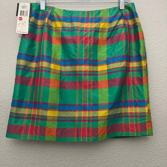 Ralph Lauren Barbados 100% Silk Green Plaid Mini Skirt Size 12 Petite NWT