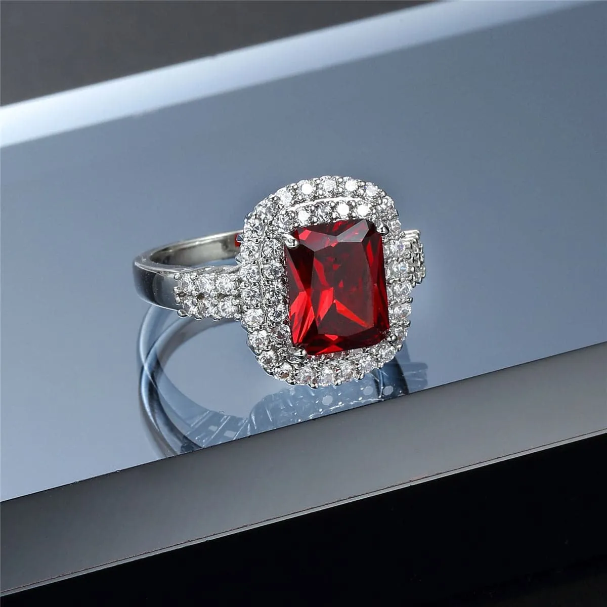 Red Crystal & Cubic Zirconia Princess-Cut Ring
