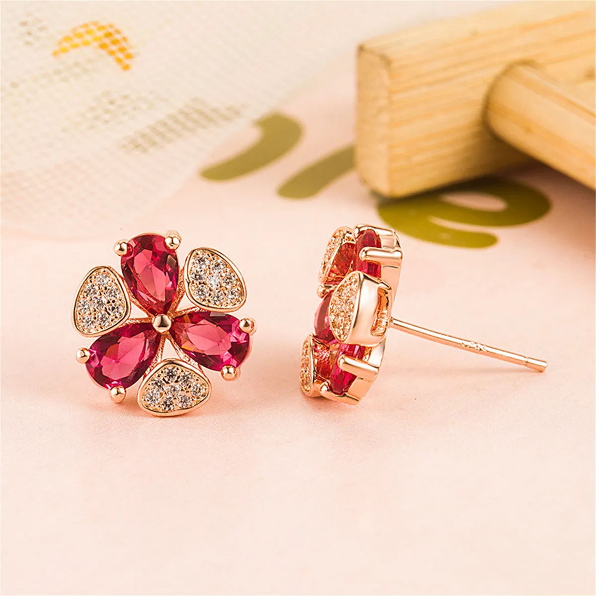 Red Cubic Zirconia & 18K Rose Gold-Plated Clover Stud Earrings