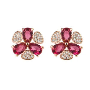 Red Cubic Zirconia & 18K Rose Gold-Plated Clover Stud Earrings