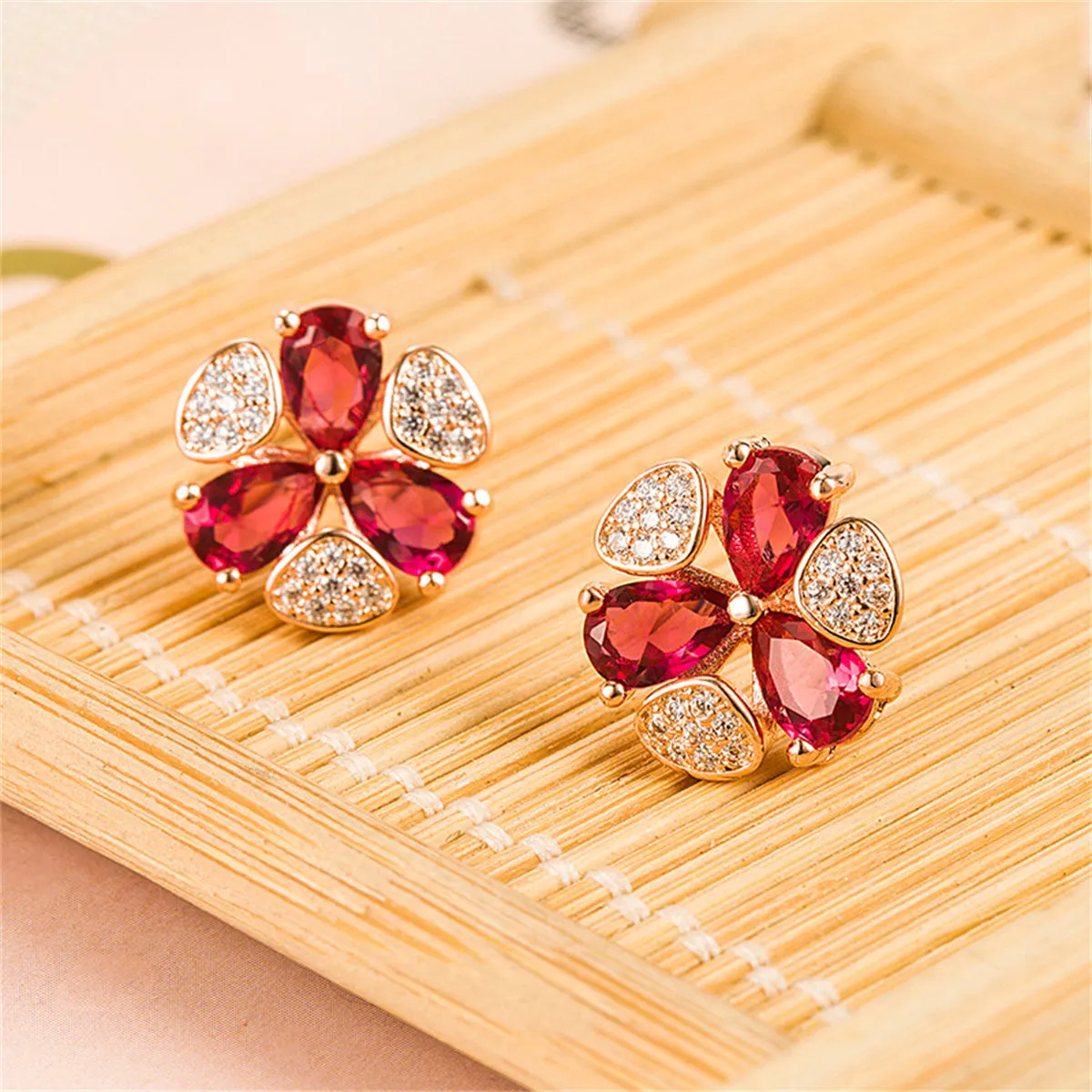 Red Cubic Zirconia & 18K Rose Gold-Plated Clover Stud Earrings