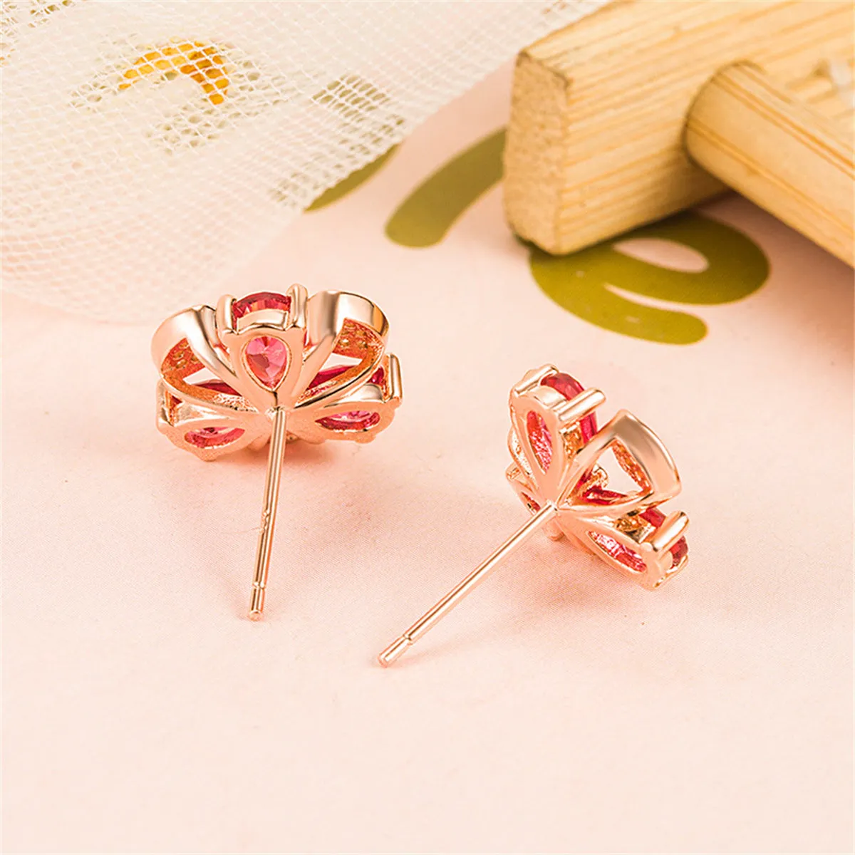 Red Cubic Zirconia & 18K Rose Gold-Plated Clover Stud Earrings