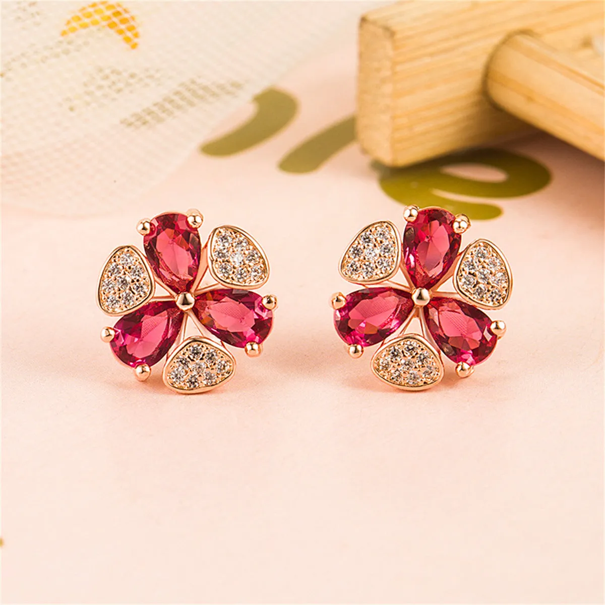 Red Cubic Zirconia & 18K Rose Gold-Plated Clover Stud Earrings