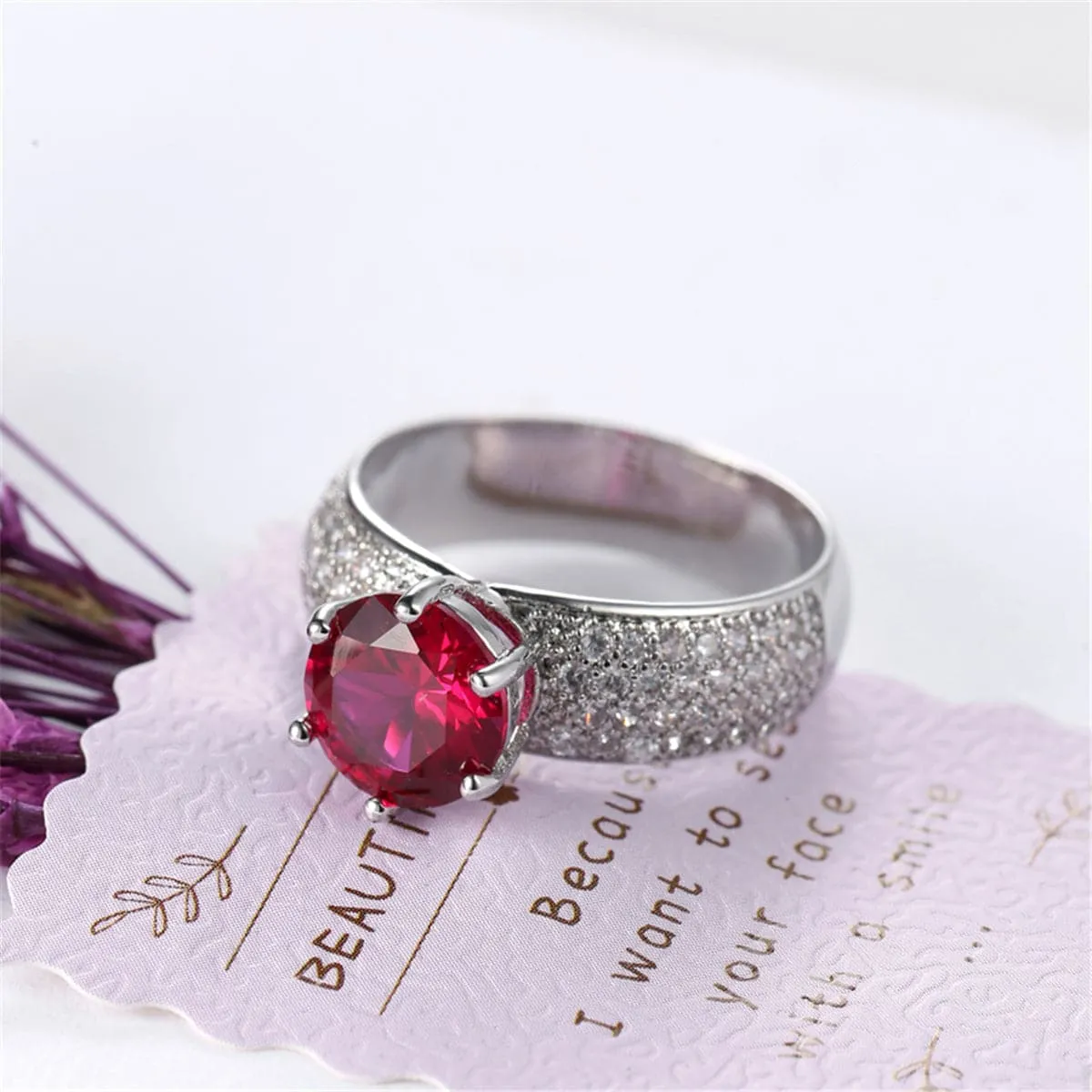 Red Cubic Zirconia & Crystal Round-Cut Pavé Ring