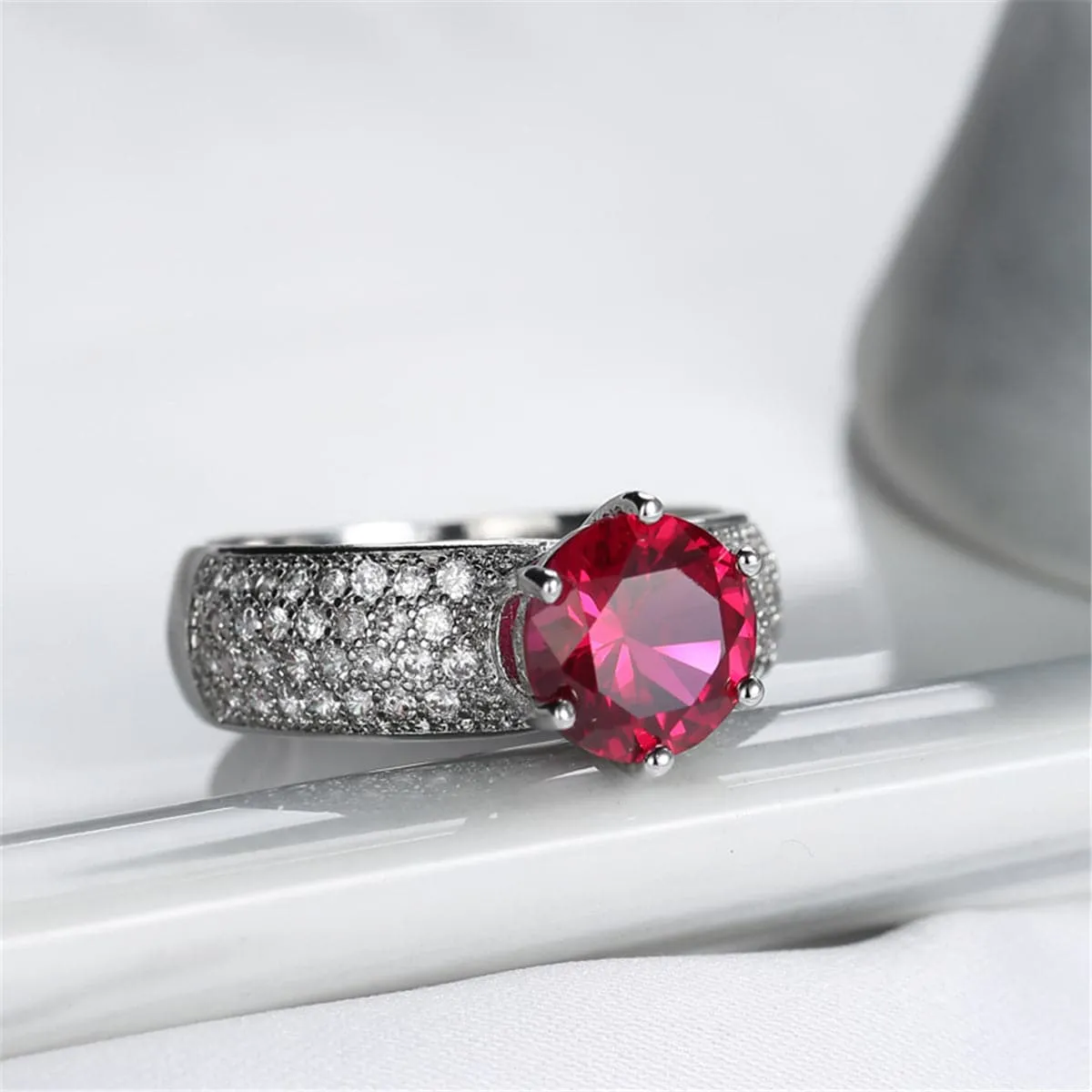 Red Cubic Zirconia & Crystal Round-Cut Pavé Ring