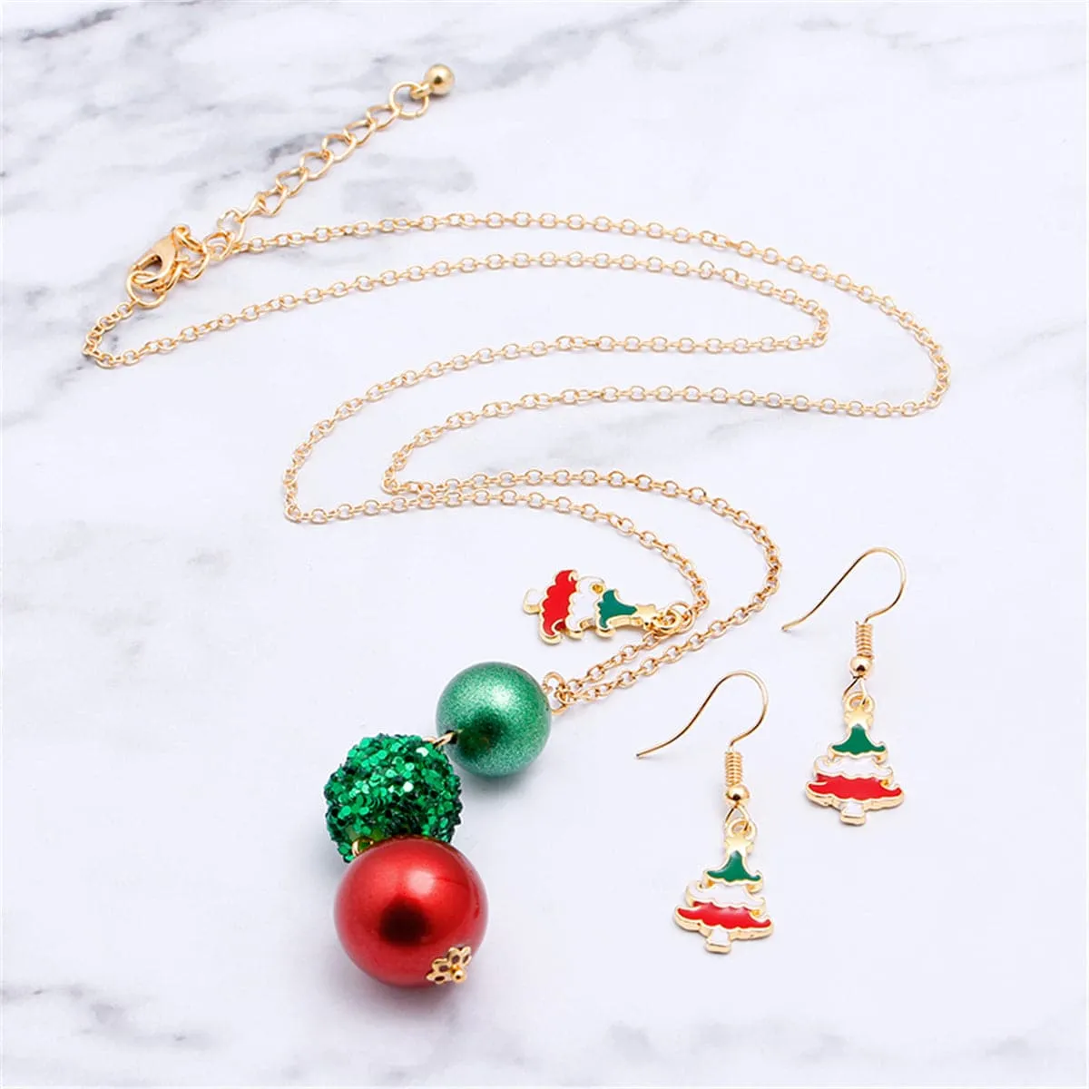Red Enamel & 18K Gold-Plated Christmas Tree Drop Earrings & Beaded Pendant Necklace Set