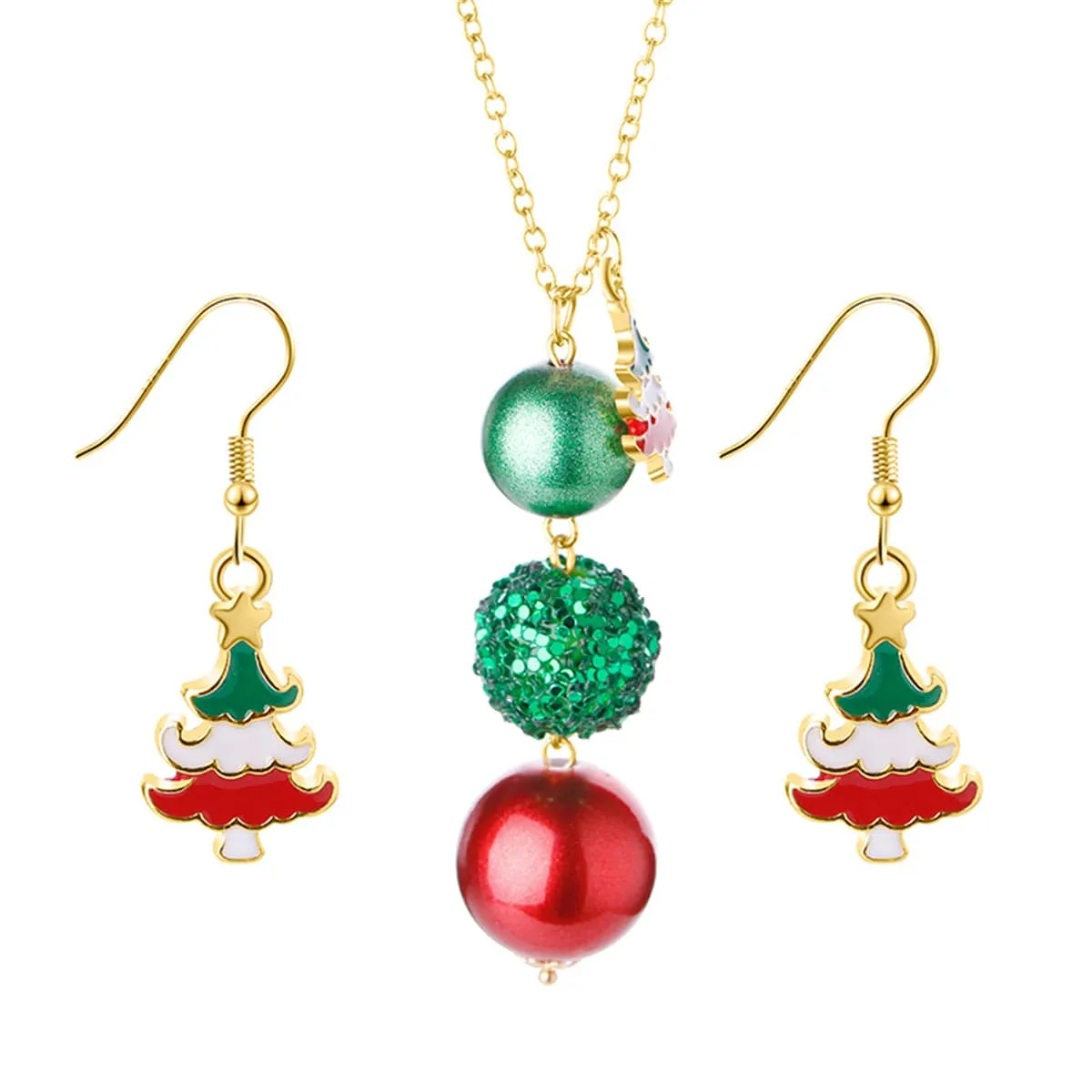 Red Enamel & 18K Gold-Plated Christmas Tree Drop Earrings & Beaded Pendant Necklace Set