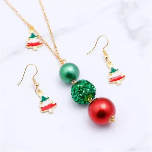Red Enamel & 18K Gold-Plated Christmas Tree Drop Earrings & Beaded Pendant Necklace Set