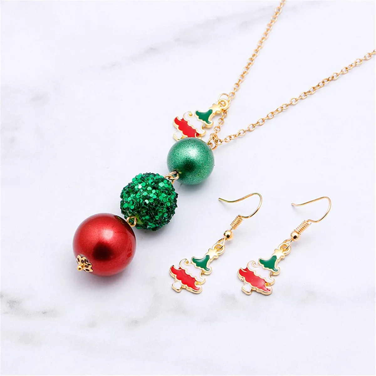 Red Enamel & 18K Gold-Plated Christmas Tree Drop Earrings & Beaded Pendant Necklace Set