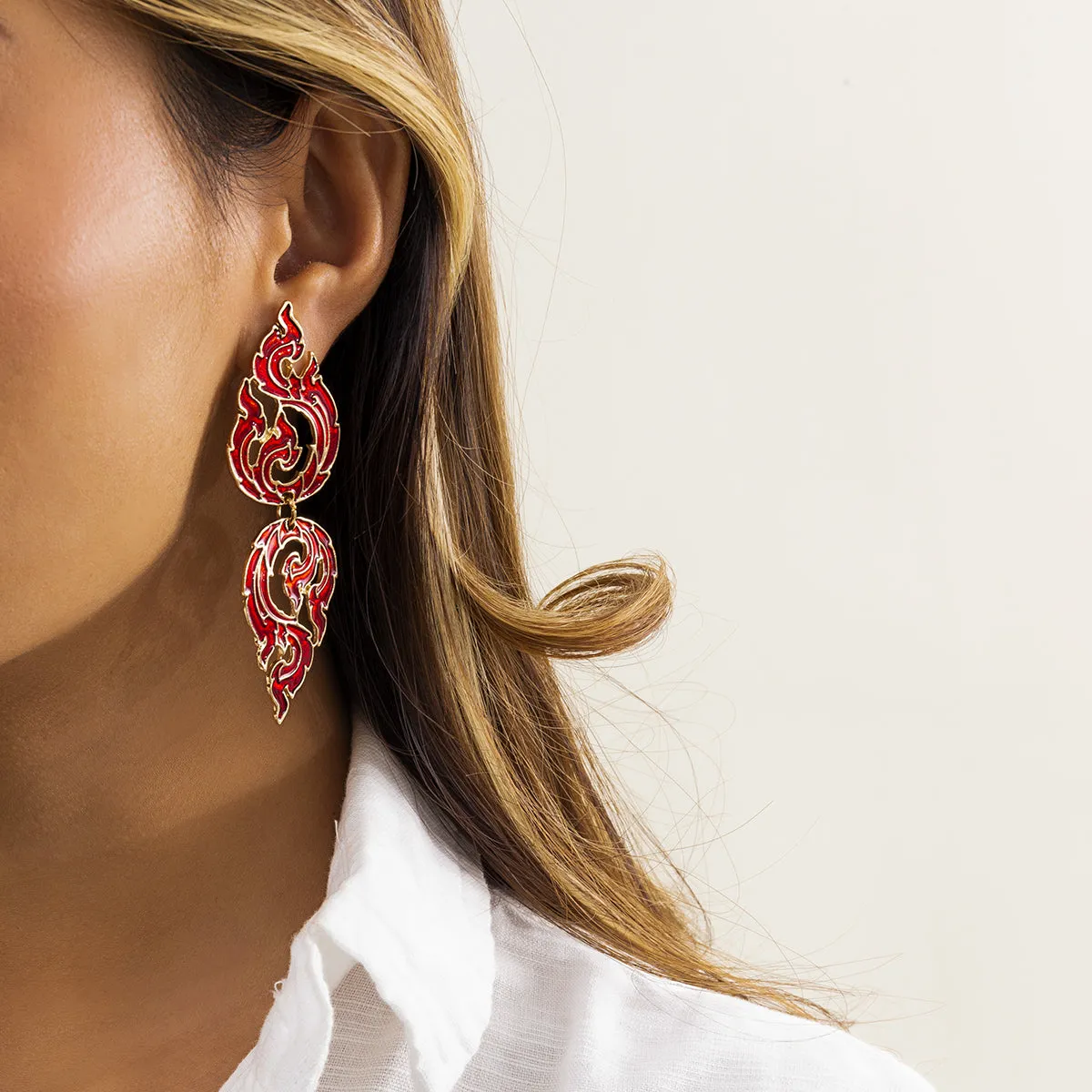 Red Enamel & 18K Gold-Plated Flame Dangle Earring