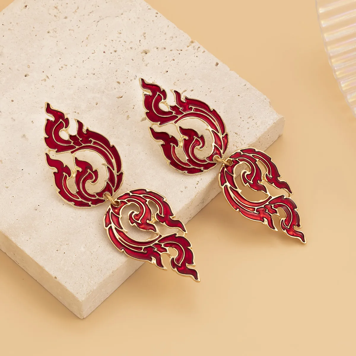 Red Enamel & 18K Gold-Plated Flame Dangle Earring