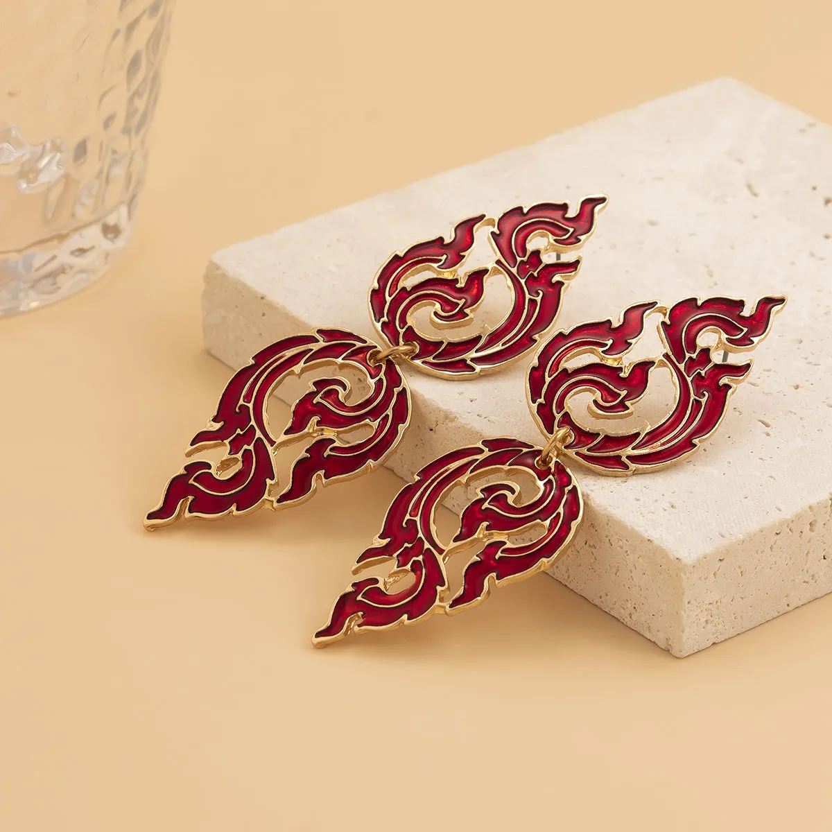 Red Enamel & 18K Gold-Plated Flame Dangle Earring