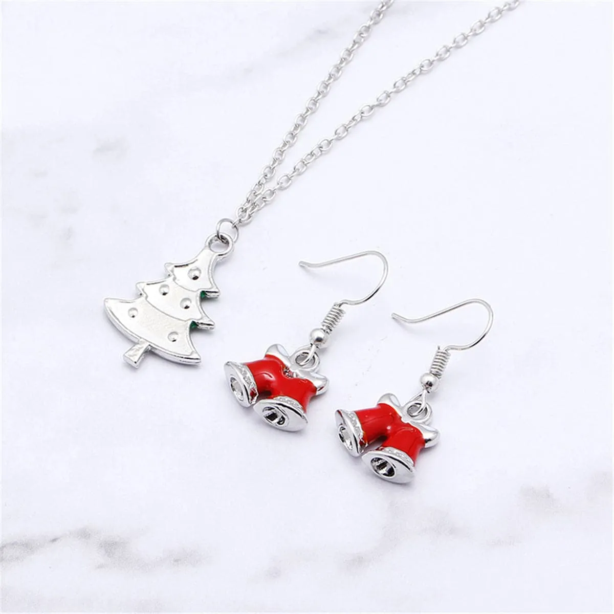Red Enamel & Silver-Plated Bell Drop Earrings & Christmas Tree Pendant Necklace Set