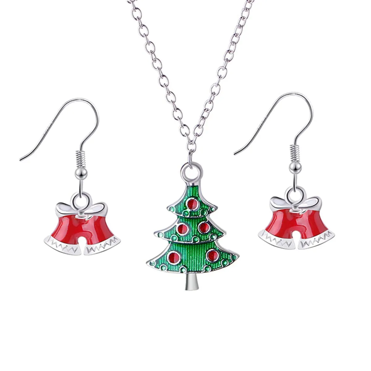 Red Enamel & Silver-Plated Bell Drop Earrings & Christmas Tree Pendant Necklace Set