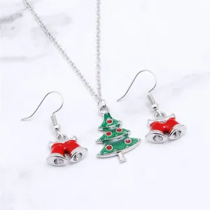 Red Enamel & Silver-Plated Bell Drop Earrings & Christmas Tree Pendant Necklace Set