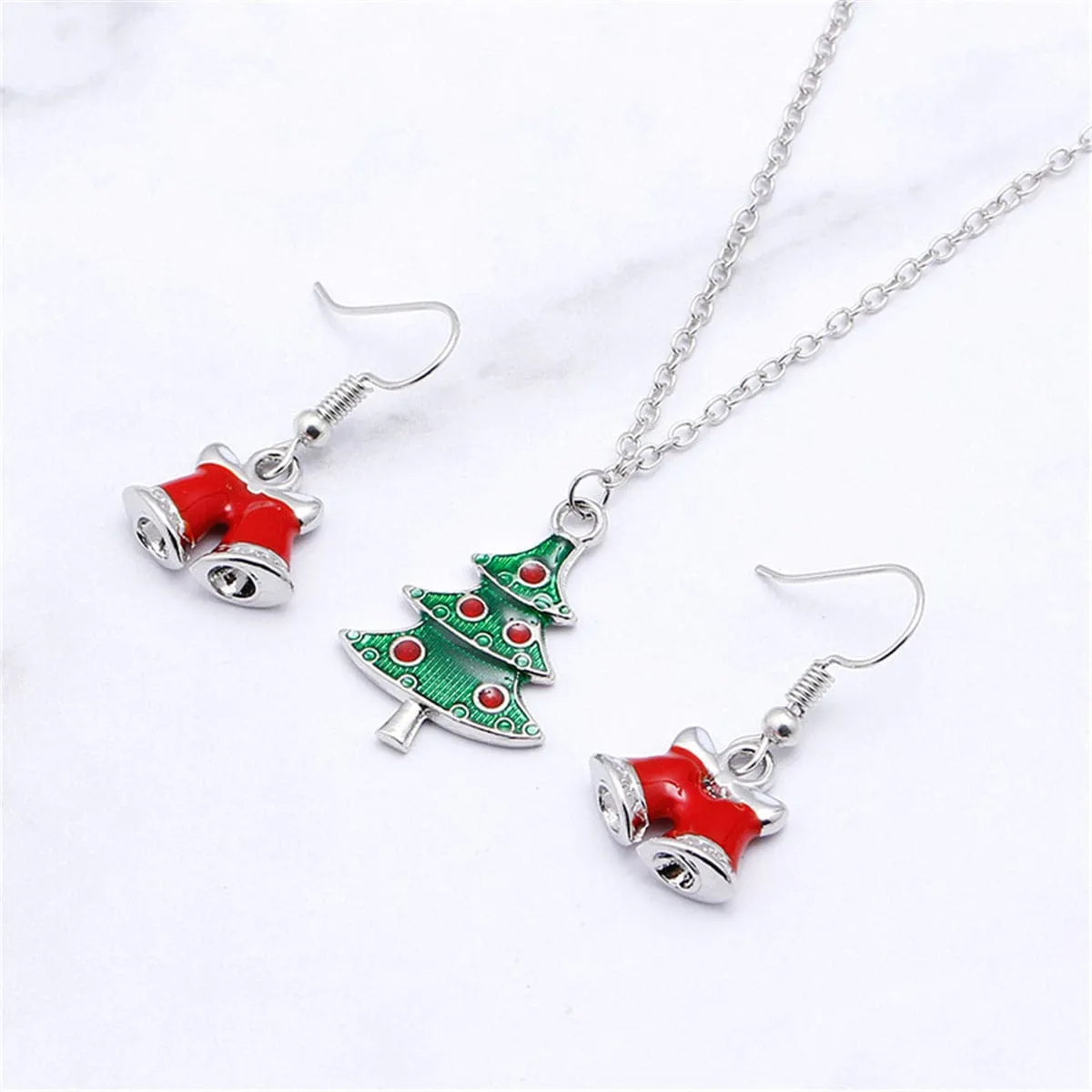 Red Enamel & Silver-Plated Bell Drop Earrings & Christmas Tree Pendant Necklace Set